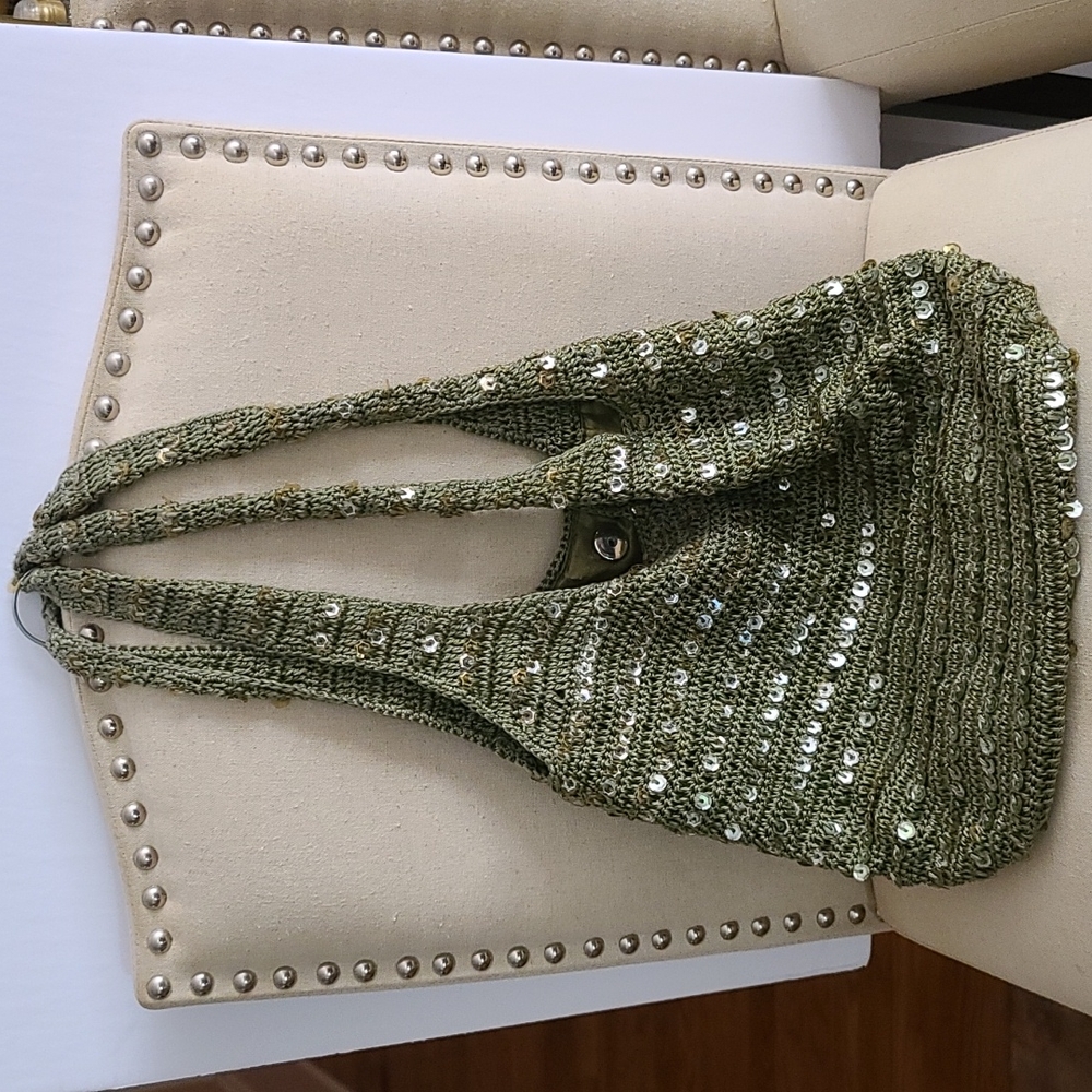 Green Sequined Crocheted Hobo bag